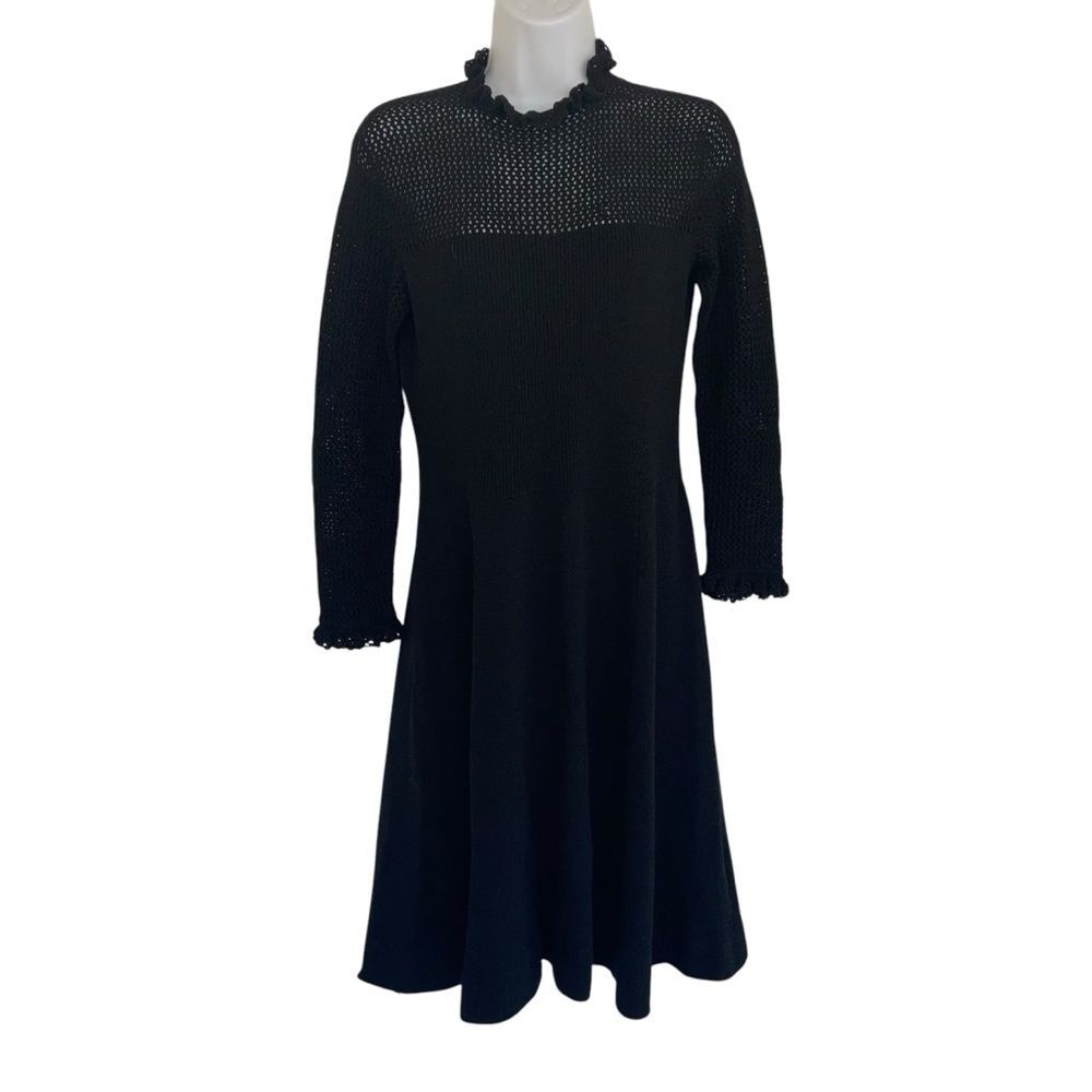 St. John Vintage Black Crochet Ribbed A-Line Dress with Bishop Sleeves Size M